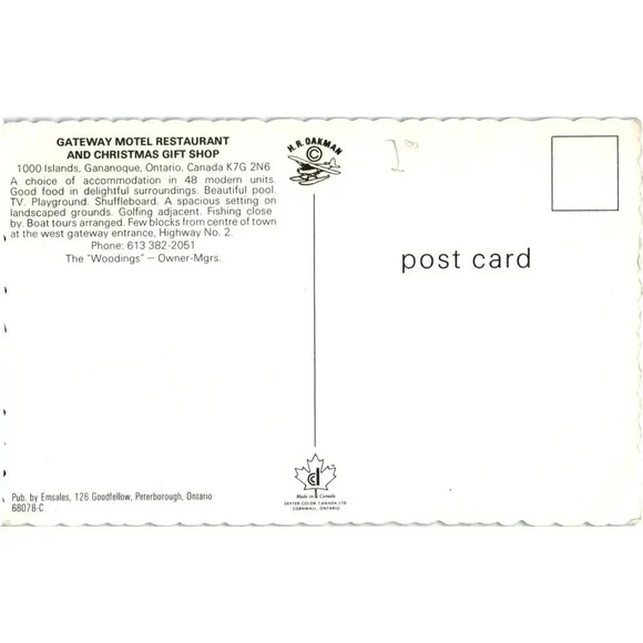 Gateway Motel Restaurant & Christmas Gift Shop 1000 Islands Ontario Postcard - Picture 2 of 2